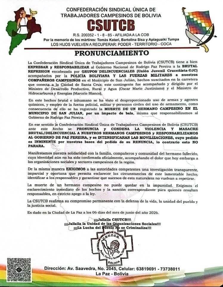 BOLIVIA: PRONUNCIAMIENTODE LA CSUTCB CONTRA LA BRUTAL REPRESIÓN DE DELINCUENTES Y FUERZAS DEL GOBIERNO A NUESTROS COMPAÑEROS CAMPESINOS DE SAN JULIÁN.