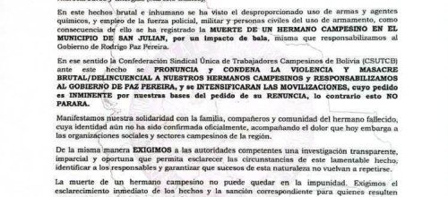 BOLIVIA: PRONUNCIAMIENTODE LA CSUTCB CONTRA LA BRUTAL REPRESIÓN DE DELINCUENTES Y FUERZAS DEL GOBIERNO A NUESTROS COMPAÑEROS CAMPESINOS DE SAN JULIÁN.